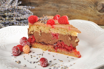 Chocolate mousse cake with raspberries and lavender