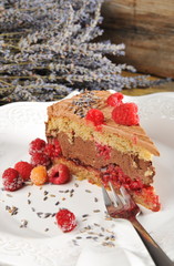 Chocolate mousse cake with raspberries and lavender
