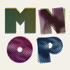 Halftone dots font, grunge color pixels print texture letters