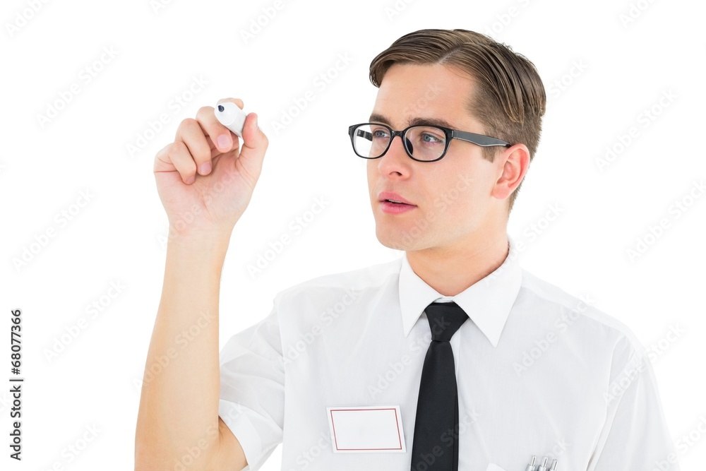 Poster geeky businessman writing with marker
