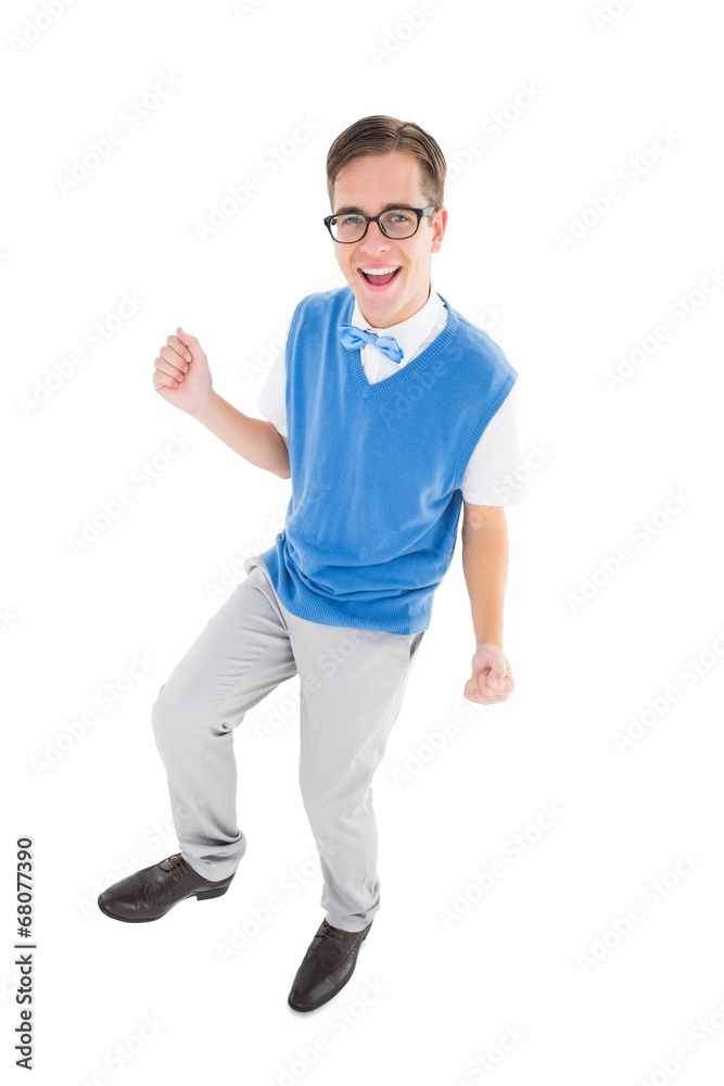 Poster geeky young hipster smiling at camera