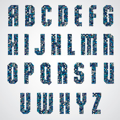 Geometric letters decorated with blue pixel texture.