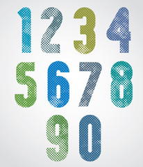 Halftone print dots textured numbers.