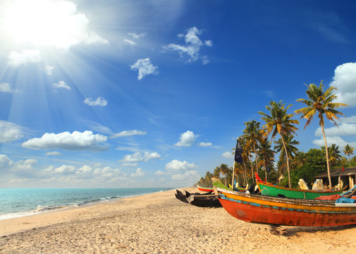 Old Fishing Boats On Beach In India