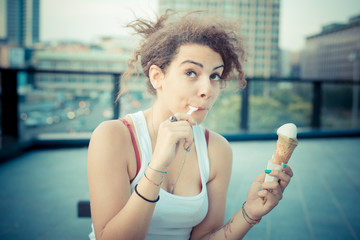 young beautiful long curly hair hipster woman