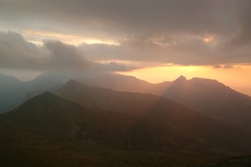 Sunset over the peaks in the Carpathian Mountains, Poland