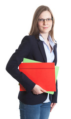 Businesswoman with glasses and colorful documents