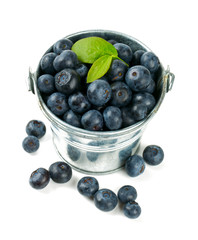 fresh blueberries in a bucket over white