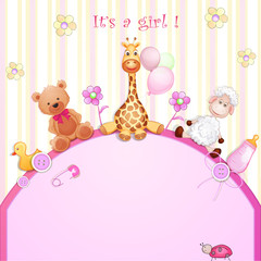 Baby shower card with toys.