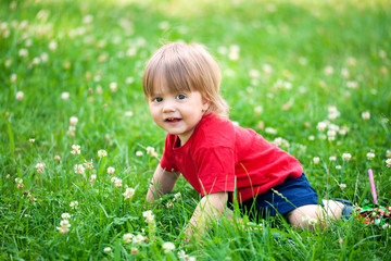 Happy little boy crawling in the grass