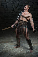 Fototapeta na wymiar Gladiator with shield and axe