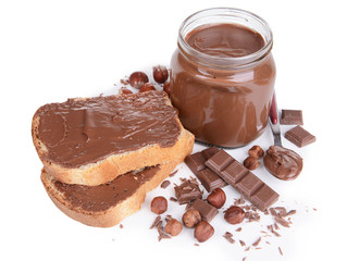 Sweet chocolate cream in jar isolated on white