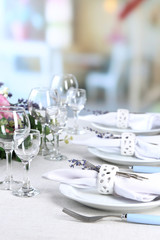 Dining table setting with lavender flowers