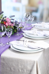 Dining table setting with lavender flowers