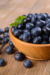 Delicious blueberries in bowl on table close-up