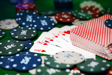 Cards and chips for poker close-up