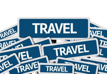 Obraz premium Travel written on multiple blue road sign