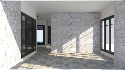 3D interior of the room inside a modern brick house.
