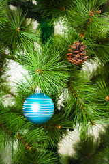 Fototapeta na wymiar Christmas Decorations. Christmas tree branch with a blue ball