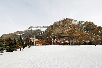 urban square in mountain town Val d'Isere, France