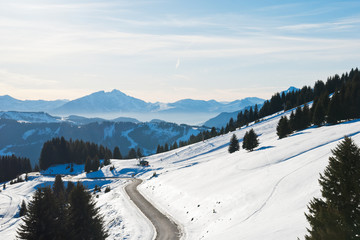 mountain road near Avoriaz town in Alps, Portes du Soleil region