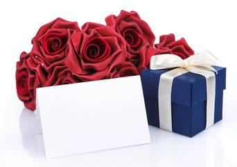 Greeting card with red flowers and gift box