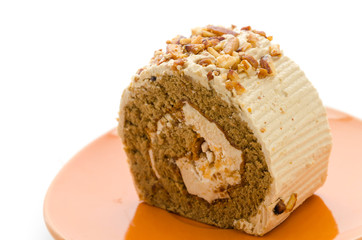 Roll coffee cake isolated on white background