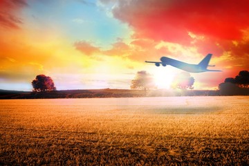 Composite image of airplane taking off