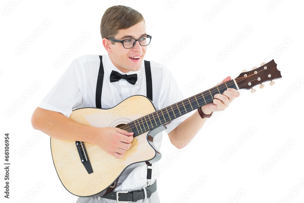 Poster geeky hipster playing guitar and singing