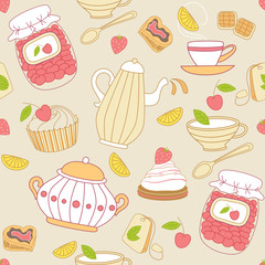Seamless pattern with tea and fruits