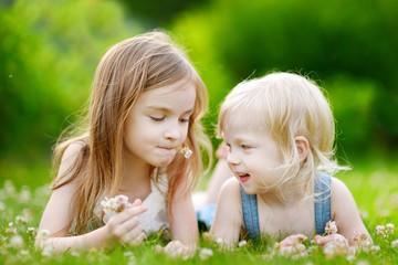 Two cute little sisters laying in the grass
