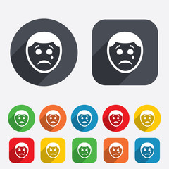 Sad face with tear sign icon. Crying symbol.