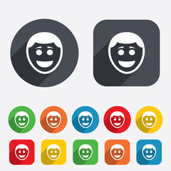 Smile face icon. Smiley with hairstyle symbol.