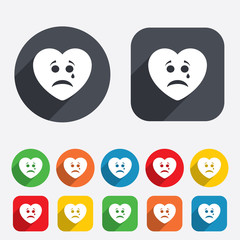 Sad heart face with tear icon. Crying symbol.