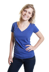 Fototapeta premium Standing scandinavian woman in a blue shirt