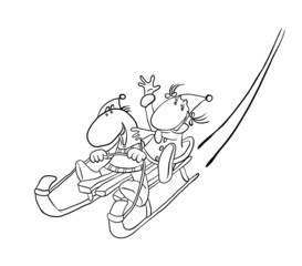 couple sledding on a snowy hill , vector illustration