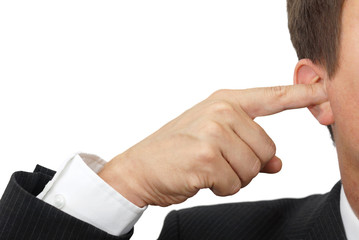 businessman blocking his ears with fingers . ..deaf manager conc - obrazy, fototapety, plakaty