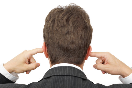 businessman blocking his ears with fingers . .deaf manager conce
