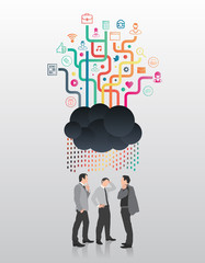 Businessmen standing under app cloud