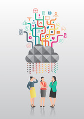 Businesswomen standing under app cloud