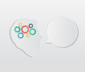 Head with cogs and wheels for brain and speech bubble