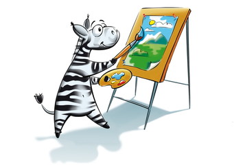 Zebra painting. Zebra paints oil paints on an easel sunny landscape with mountains. Vector illustration.