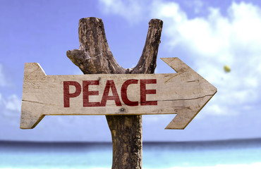 Peace wooden sign with a beach on background - obrazy, fototapety, plakaty