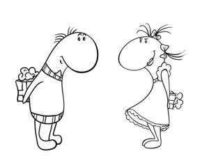 cartoon characters,  male and female give each other gifts