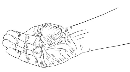 Begging hand, detailed black and white lines vector illustration