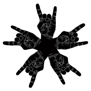 Five rock hands abstract symbol, black and white vector special