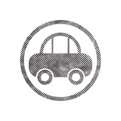 Car icon with pixel print halftone dots texture.