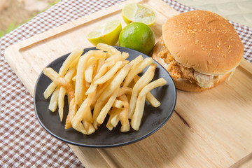 Potato and hamburger on table