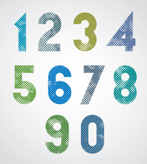 Halftone print dots textured geometric numbers.