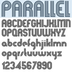“PARALLEL” stripes retro style font, vector alphabet.